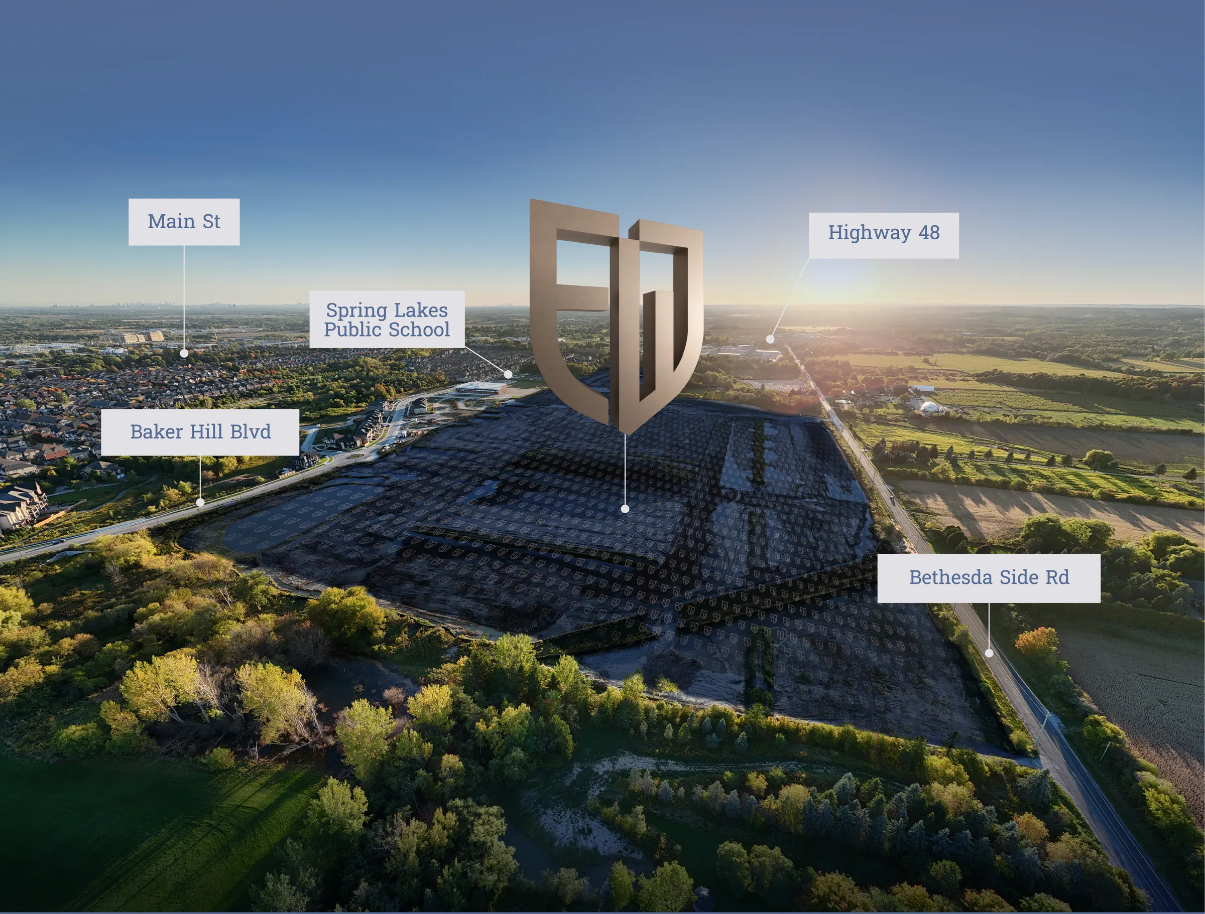 Aerial photograph of the Founders Walk site in Stouffville, labelled with Main Street, Spring Lakes Public School, Highway 48, Baker Hill Boulevard and Bethesda Side Road