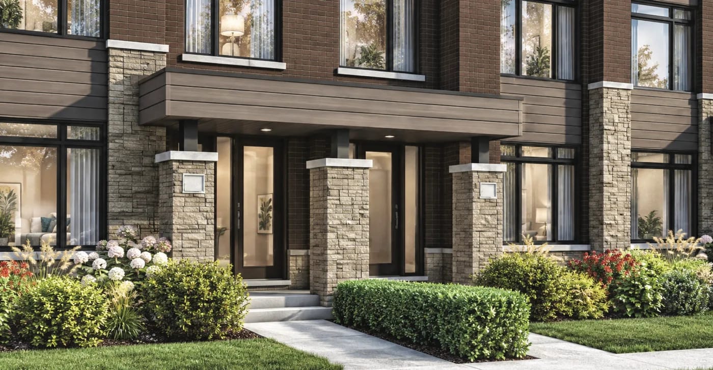 Rendering of a Rear Lane Townhome front entry with stone piers, a glass door and a landscaped front garden