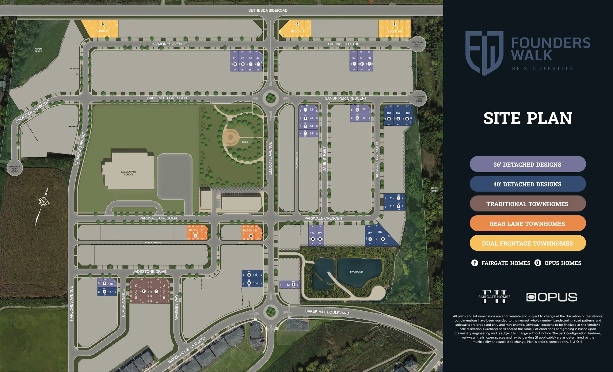 Founders Walk first release community site plan showing 36 foot and 40 foot detached lots, traditional, rear lane and dual frontage townhome blocks, the park, school and stormwater pond